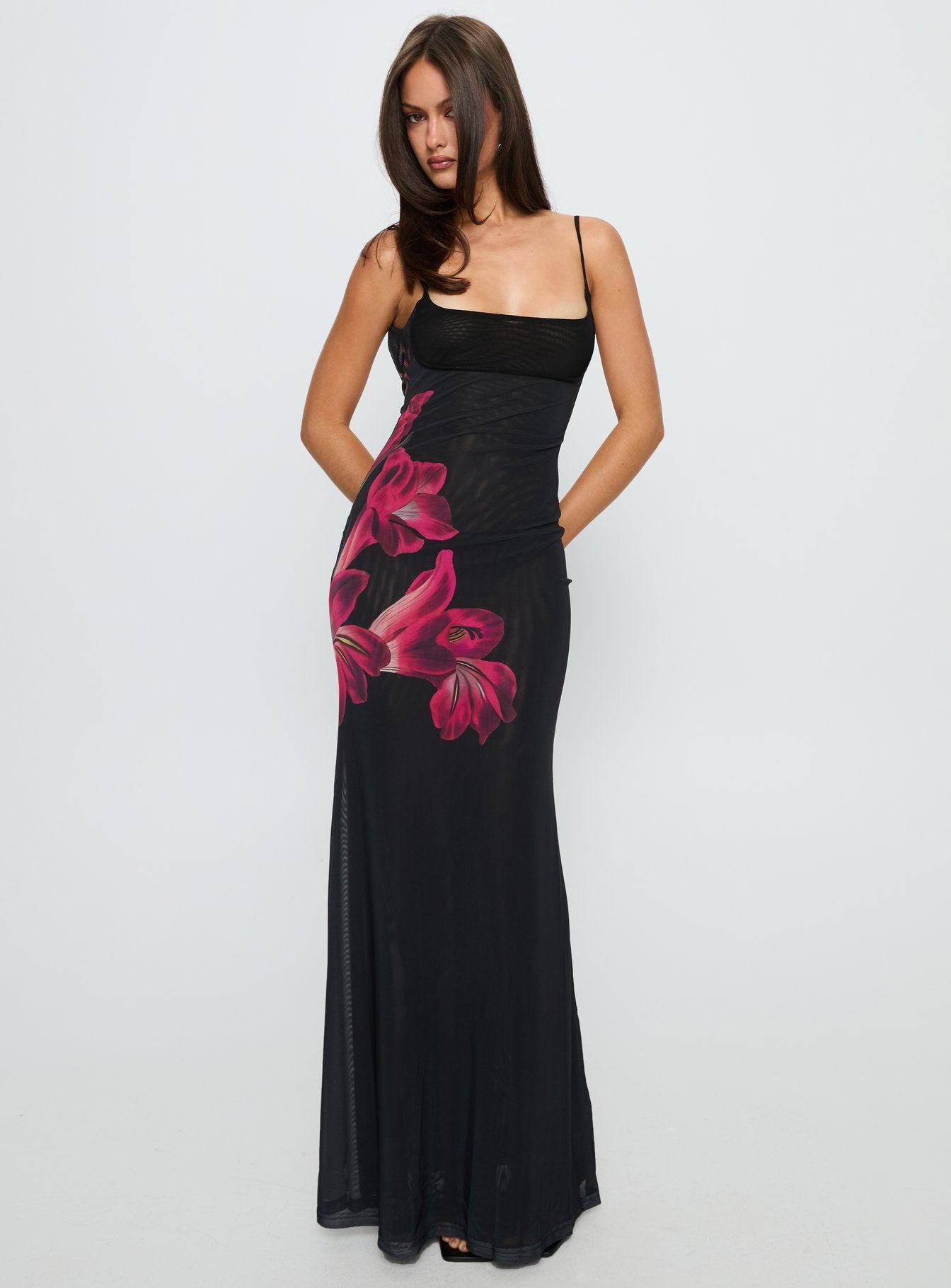 Fiadora Mesh Maxi Dress Black Floral Princess Polly