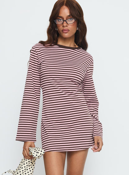 Lulolah Long Sleeve Mini Dress Chocolate / Pink Stripe Princess Polly