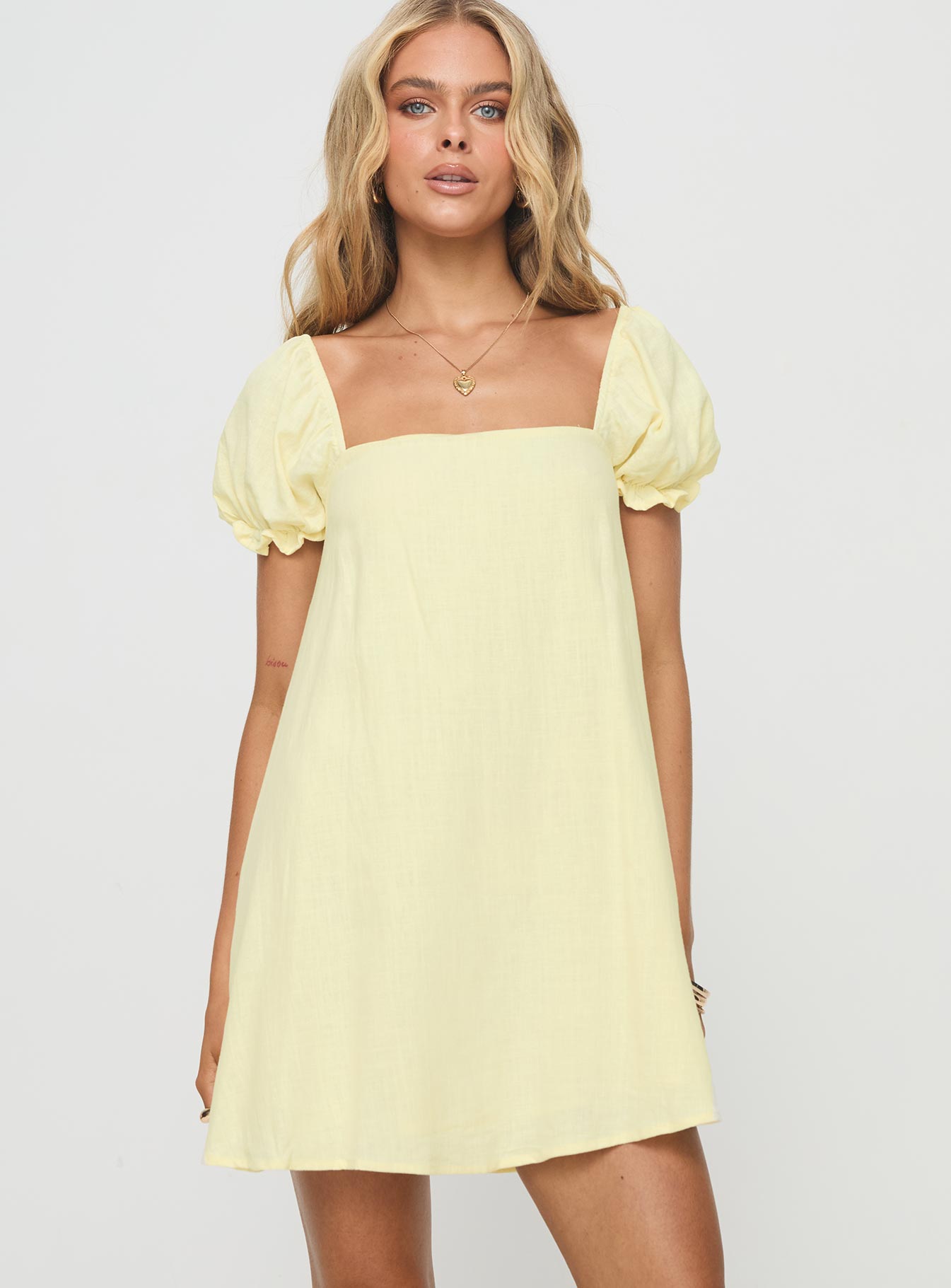 Beyond Linen Blend Mini Dress Yellow Princess Polly