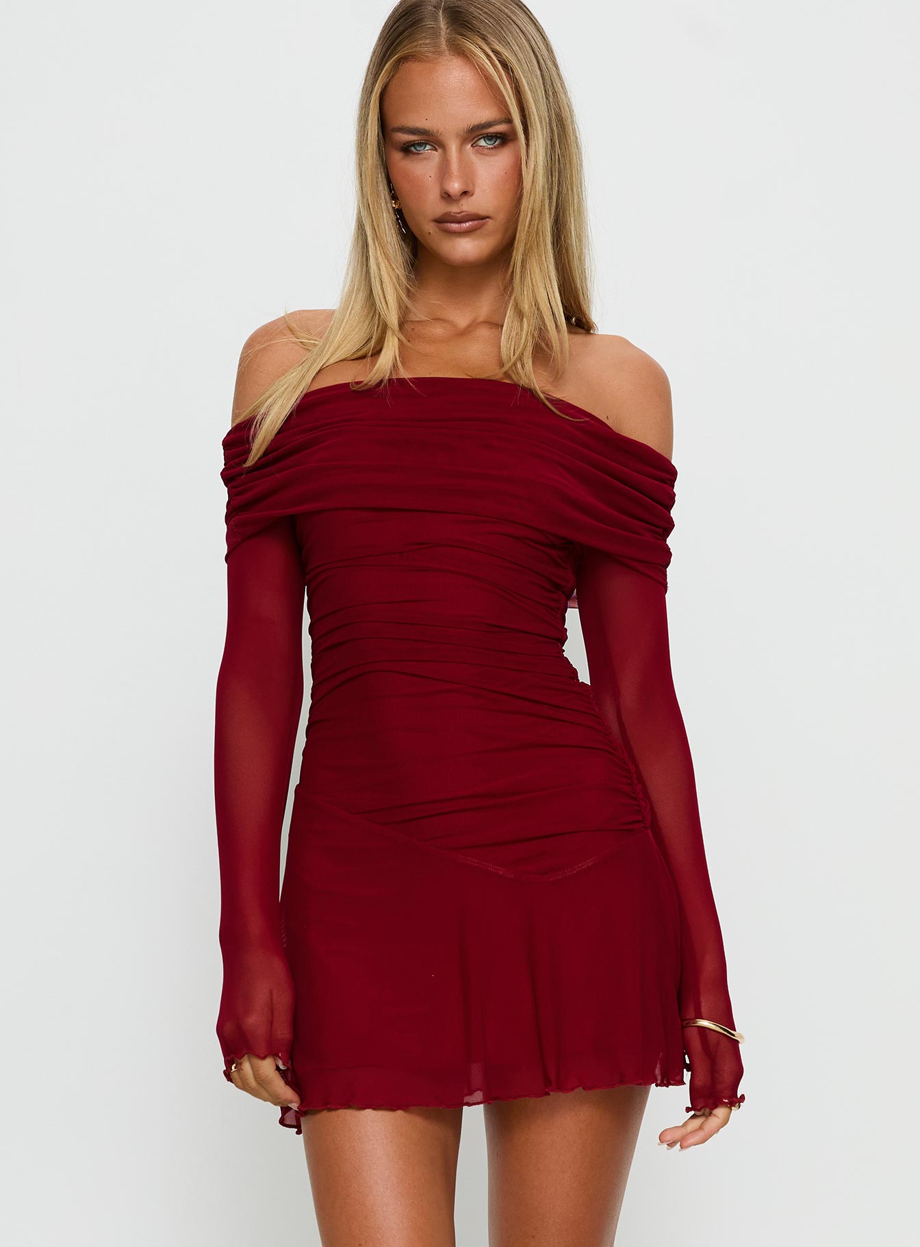 Koki Long Sleeve Off Shoulder Mini Dress Red Princess Polly