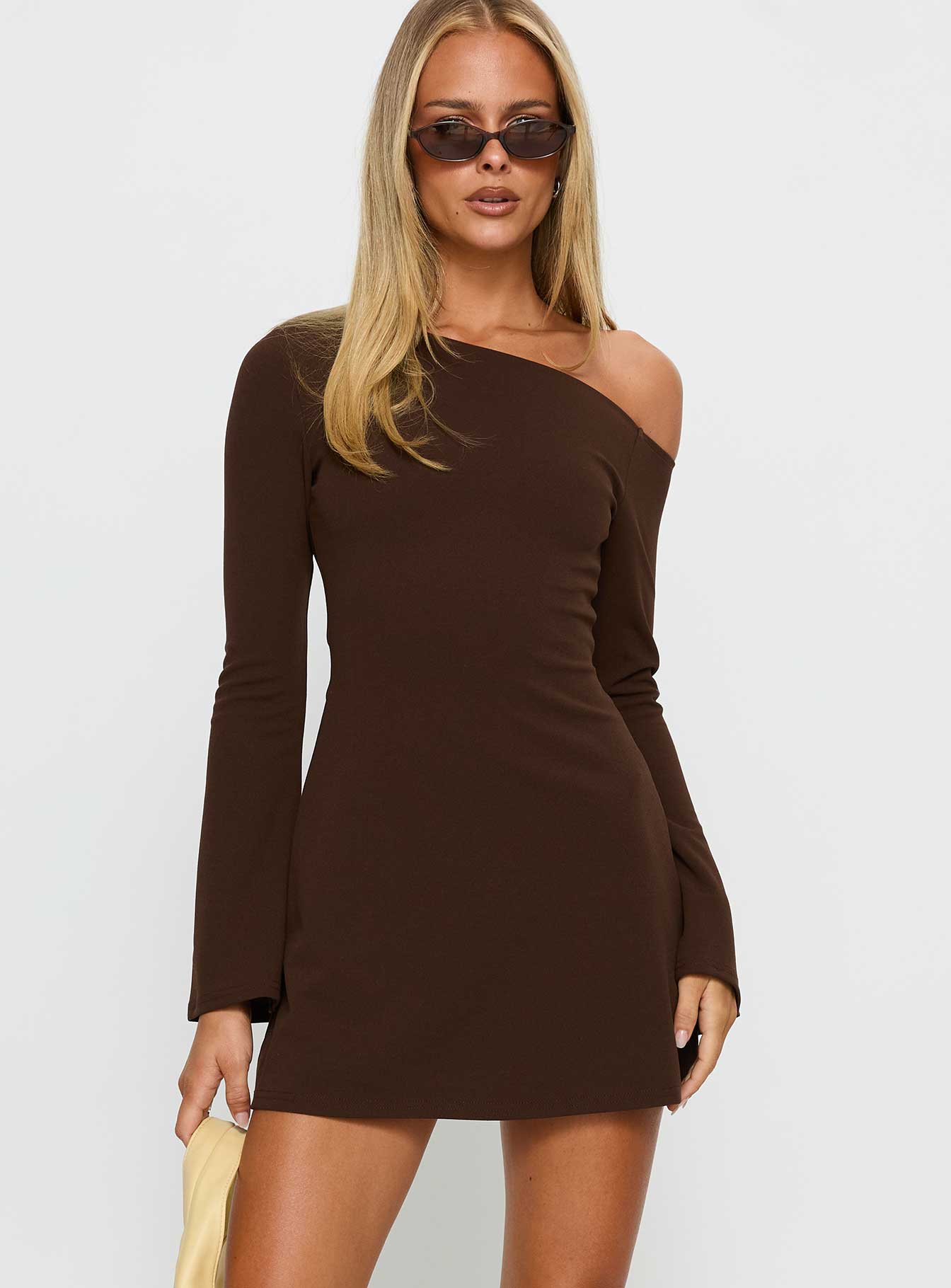 Adrietta Long Sleeve Off Shoulder Knit Mini Dress Brown Princess Polly
