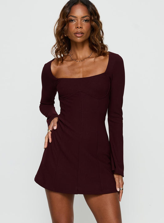 Encounters Long Sleeve Mini Dress Wine Princess Polly