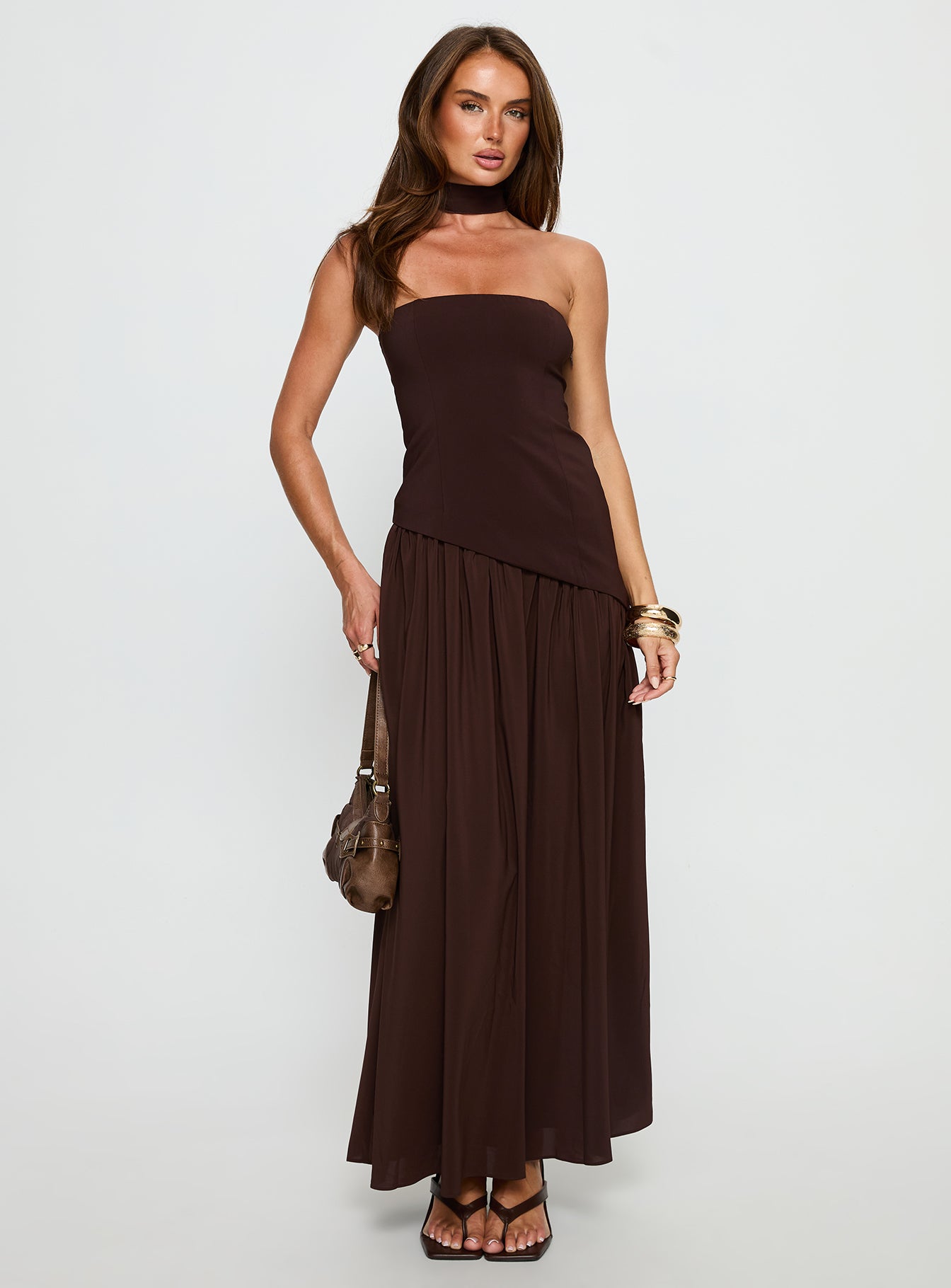 Odela Strapless Drop Waist Maxi Dress Chocolate Princess Polly