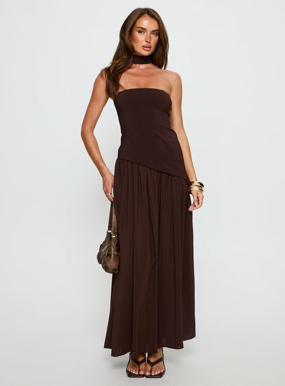 Odela Strapless Drop Waist Maxi Dress Chocolate Princess Polly