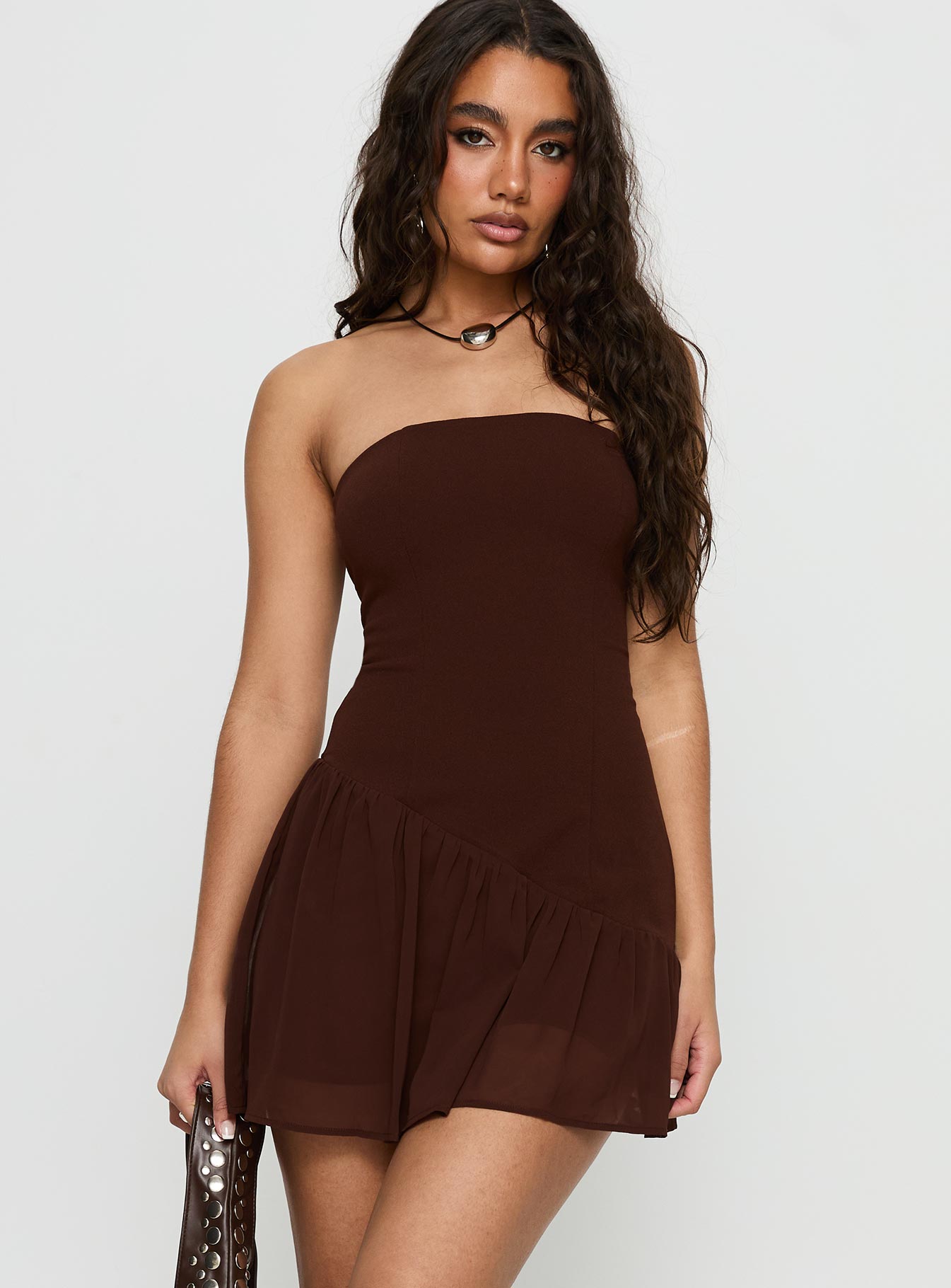 Hadlea Strapless Asymmetrical Mini Dress Brown Princess Polly
