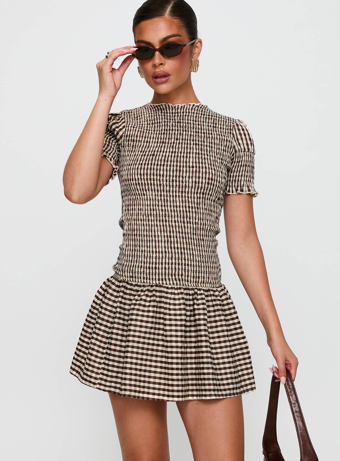 Laurita Shirred Mini Dress Brown Check Princess Polly