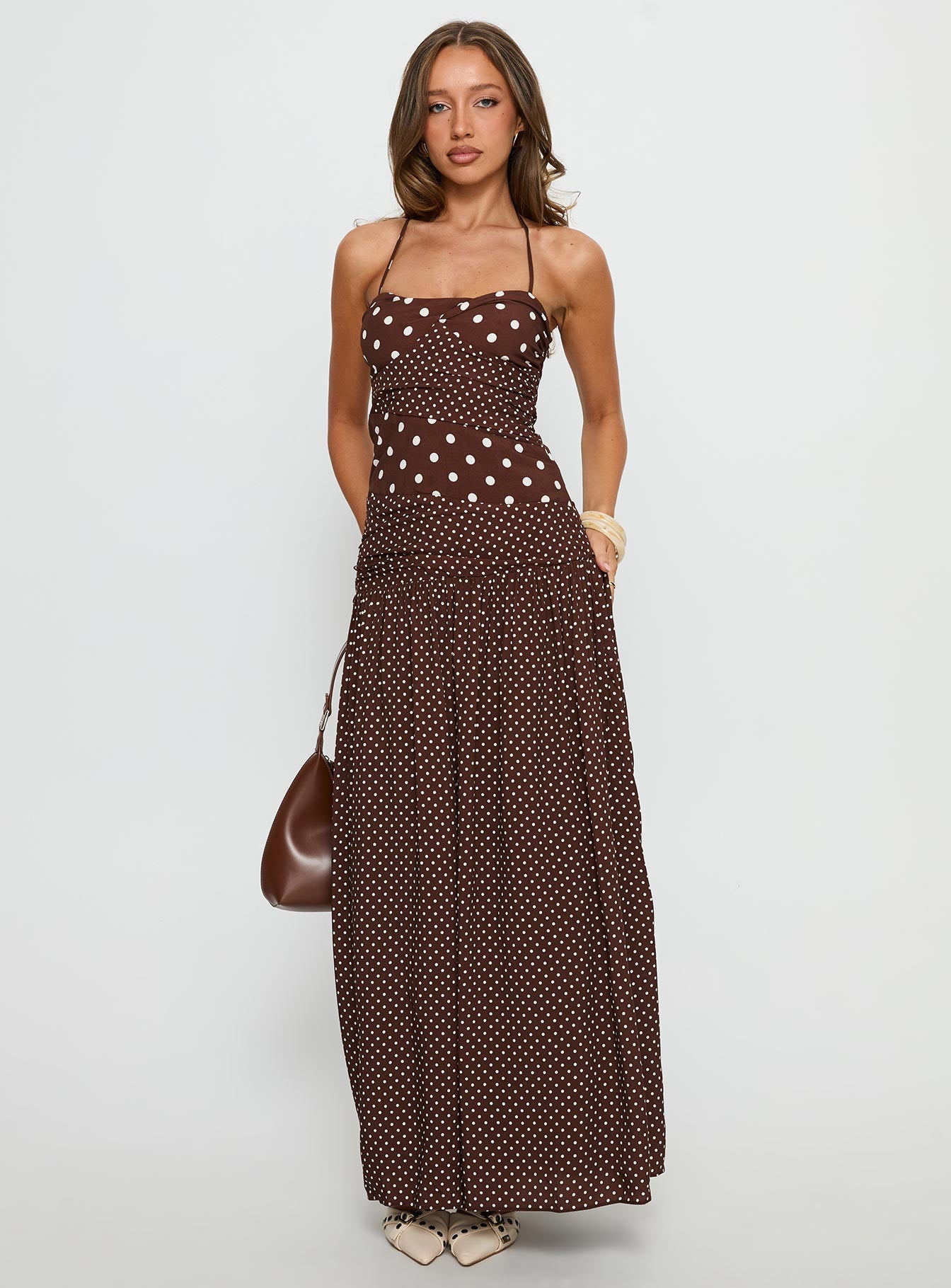Marguerite Halter Maxi Dress Brown Polka Dot Princess Polly