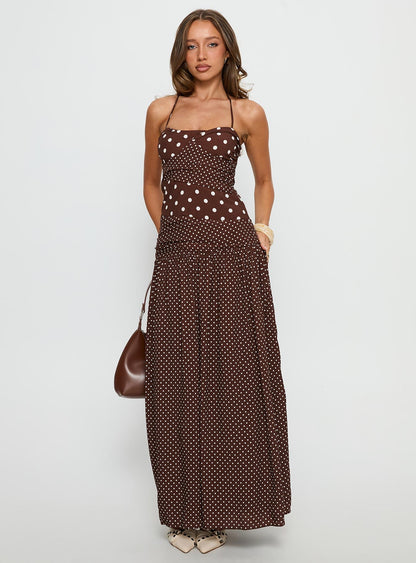 Marguerite Halter Maxi Dress Brown Polka Dot Princess Polly