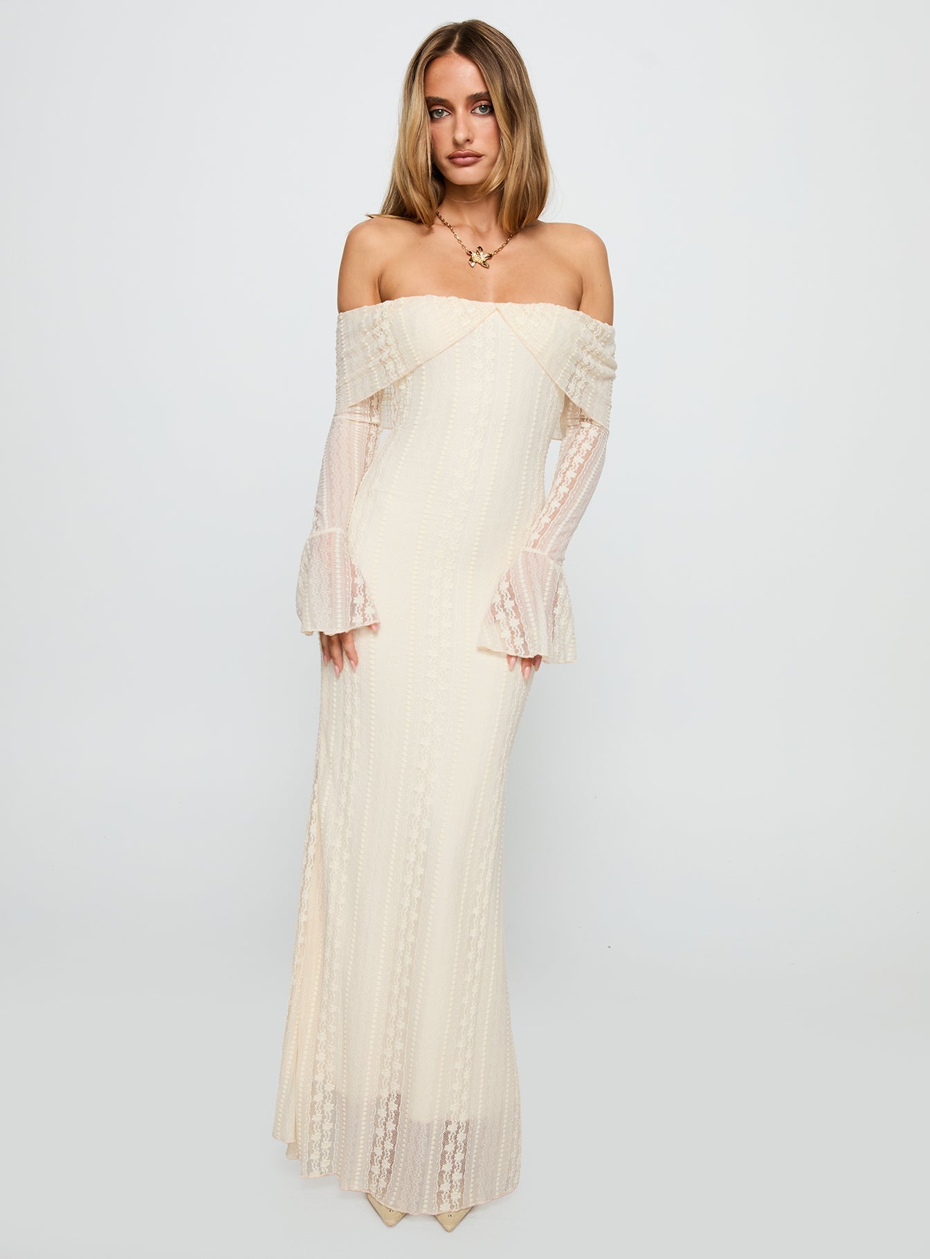 Perdita Long Sleeve Lace Maxi Dress Cream Princess Polly