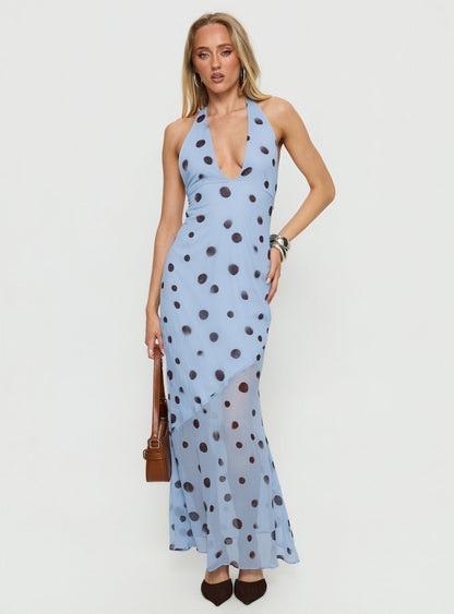Oralee Halter Sheer Maxi Dress Blue / Polka Dot Princess Polly