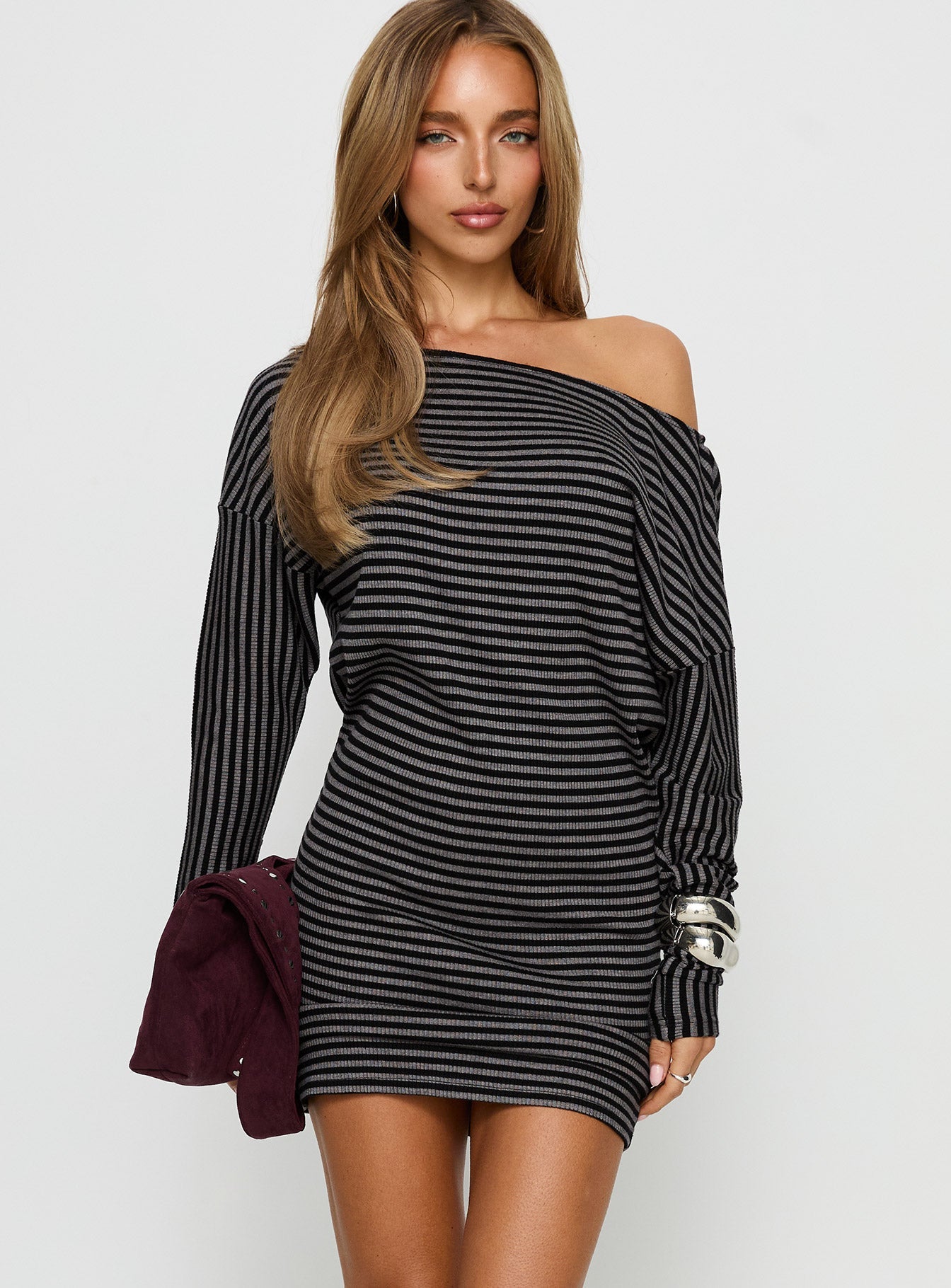 Alayne Long Sleeve Knit Mini Dress Black / Grey Stripe Princess Polly