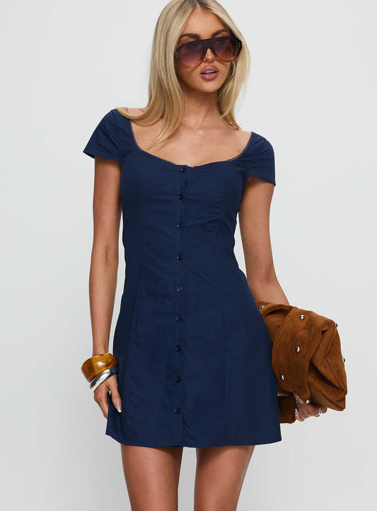 Marisella Button Down Mini Dress Navy Princess Polly