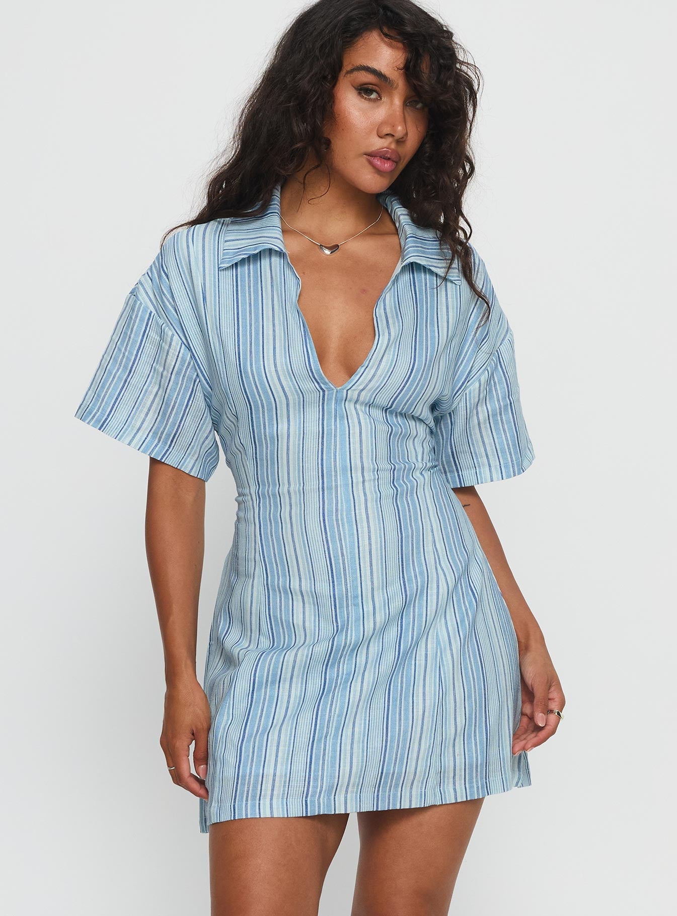 Wylla V Neck Linen Mini Dress Blue Stripe Princess Polly