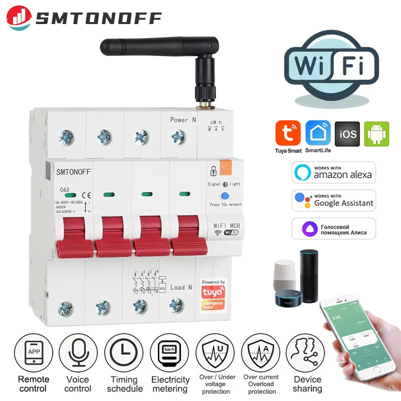 Tuya Smart Wifi 4P MCB 63A RS485 Breaker Prepaid Meter Timer Switch Voltage Current Protector Voice Control Alexa Alice