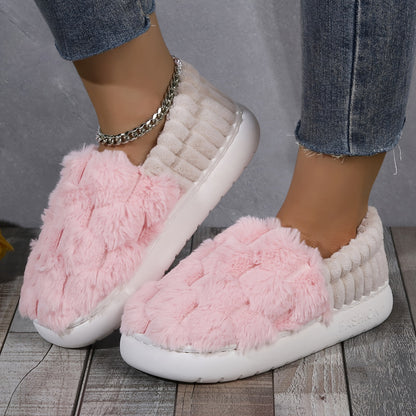 Colorblock Faux Fur Slippers, Casual Slip On Plush Lined Shoes, Comfortable Indoor Home Slippers Beauty Fashion