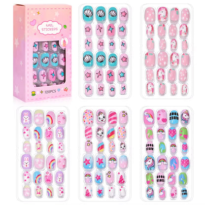 120Pcs/Box Cartoon Gril Princess Children Press on Nails 6-14Years Kawaii Cat/Flowers/Rainbow Nail Tips with Jelly Gel Girl Gift