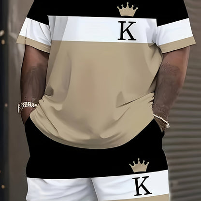 [Plus Size 3D Print Sport Set] Men's Plus Size 3D Digital Print Casual Sport T-Shirt and Shorts Set | Sweat-Resistant, All-Season, Regular Fit, Crew Neck, Slight Stretch Fabric | Suitable for Daily Wear, Outings, Sports, Camp