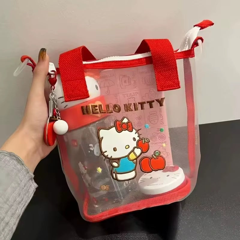 New Hello Kitty Mesh Tote Bag Cartoon Bento Bag Portable Large Capacity Hand-Held Crossbody Bag Outdoor Portable Bag