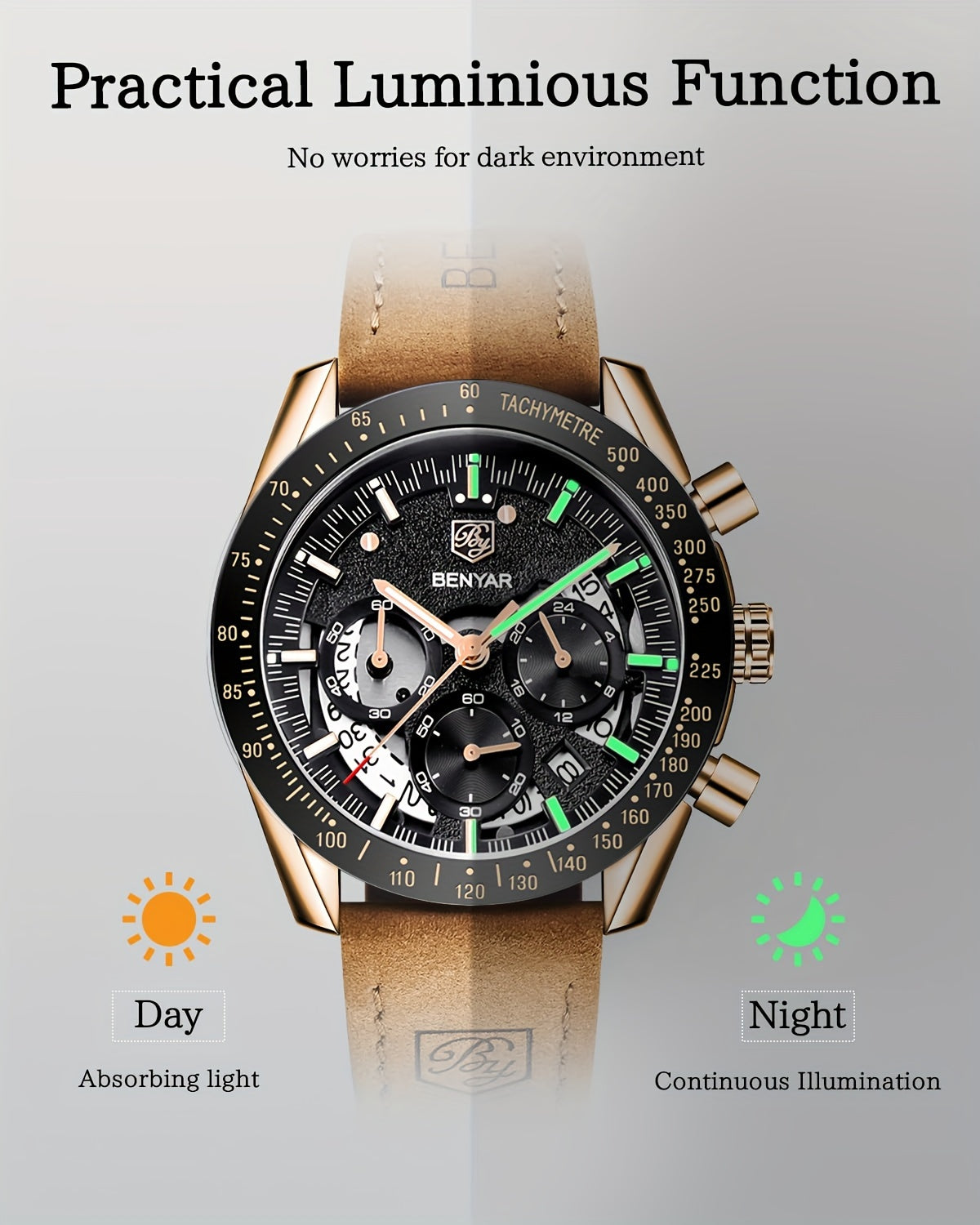 BENYAR Watches For Men Analog Quartz Chronograph Luminous Big Face Mens Watches Business Work Sport Casual Fashion Designer Dress Men'S Wrist Watches Elegant Gift For Men Beauty World Shop