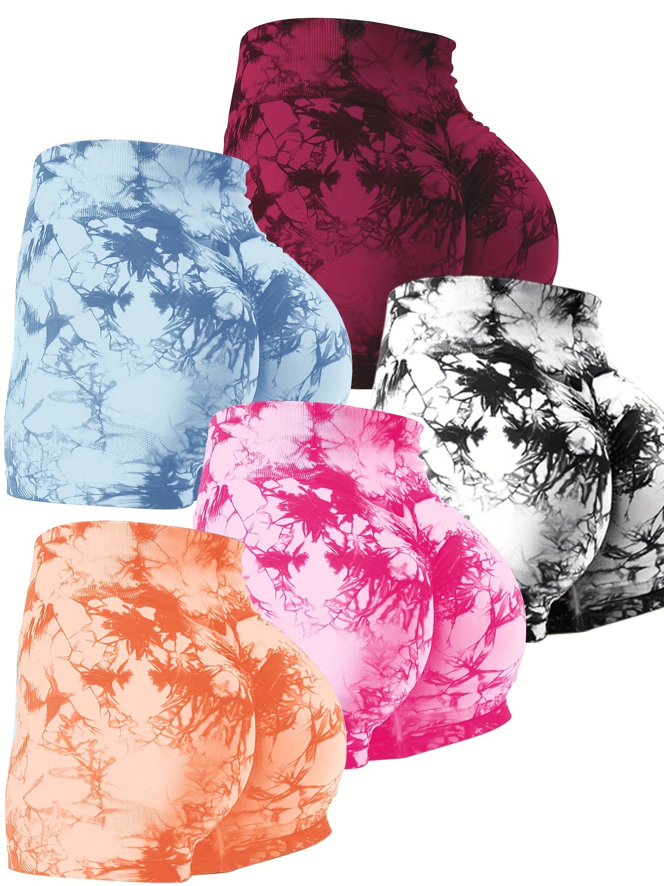 5-Pack Tie-Dye Fitness Shorts for Women, High Waist Scrunch Butt Gym Yoga Peach Booty Shorts, Sport Style Beauty World Shop