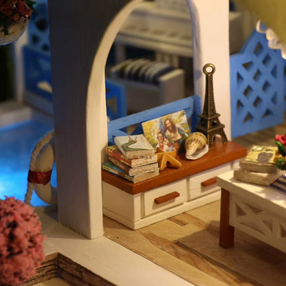 DIY Blue White Town Villa 3D Wooden Puzzle Coastal Style Handmade Assembly Model Miniature House Creative Birthday Gift