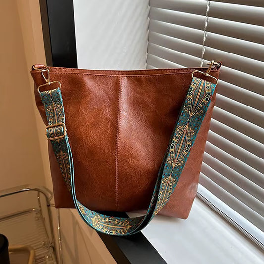 PU Leather Vintage Solid Color Women Fashion Shoulder Sling Bag High-Capacity Simple Adjustable Wide Strap Bucket Crossbody Bags