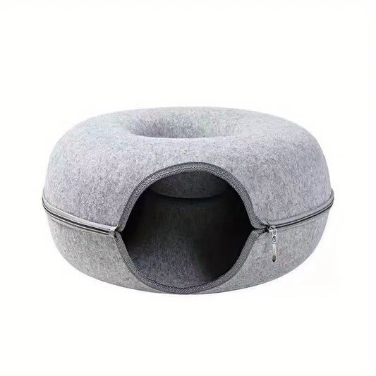 Wool Felt Cat Tunnel Nest – Modern Style Uncharged Donut Bed, Detachable & Washable All-Season Cat House, 1Pc Cozy Cat Condo