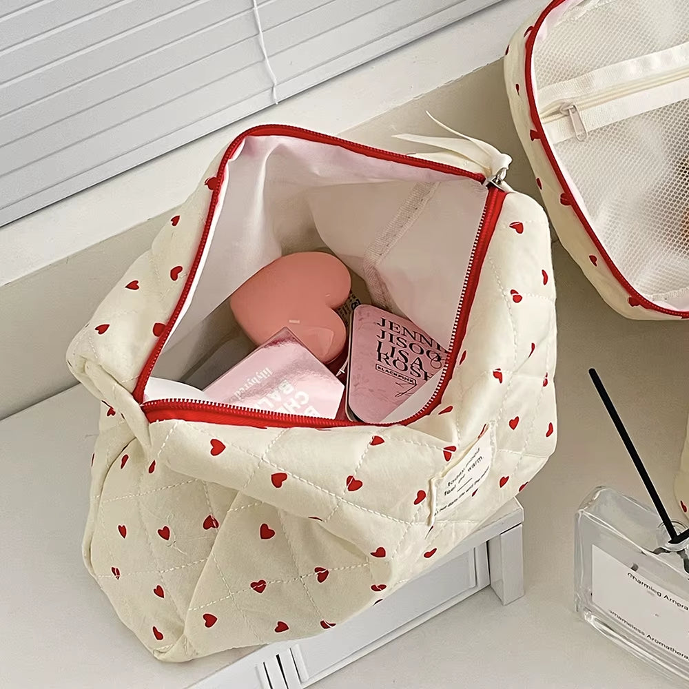Fashion Ins Heart Women Quilting Makeup Bag Large Capacity Toiletry Cosmetic Storage Pouch Handbag Ladies Zipper Makeup Bag
