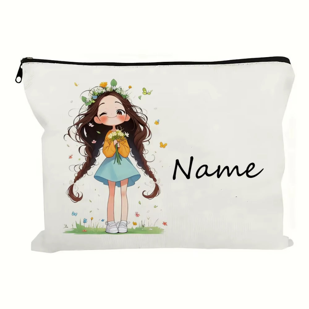 Custom Name Vintage Cute Girl Pattern Makeup Bag Handbag Toiletry Bag Pencil Case Holiday Gift Cosmetic Bag