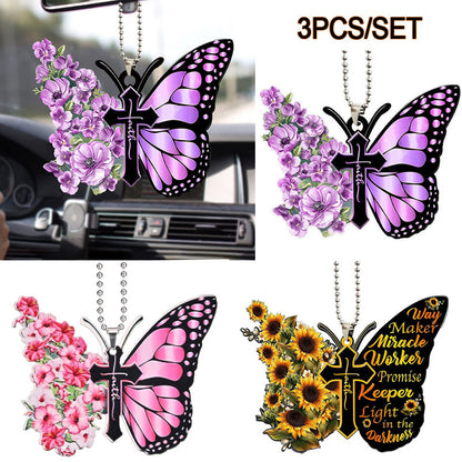 3pcs/set Flower Butterfly Jesus Cross Hanging Ornament, 2D Car Rearview Mirror Hanging Accessories, Keychain And Bag Pendants, Holiday Gift Beauty Fashion
