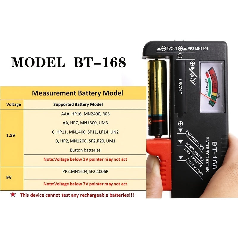 BT-168 Universal Battery Tester - Quickly Check AA/AAA/C/D/9V/1.5V Batteries with Colour-Coded Meter Indicators! Beauty Fashion