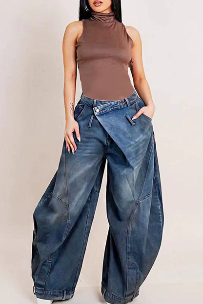 Women Loose Denim Jeans Pants Asymmetric Button Pocket Washed Casual Harajuku High Street Grunge Denim Trouders Jeans for Women