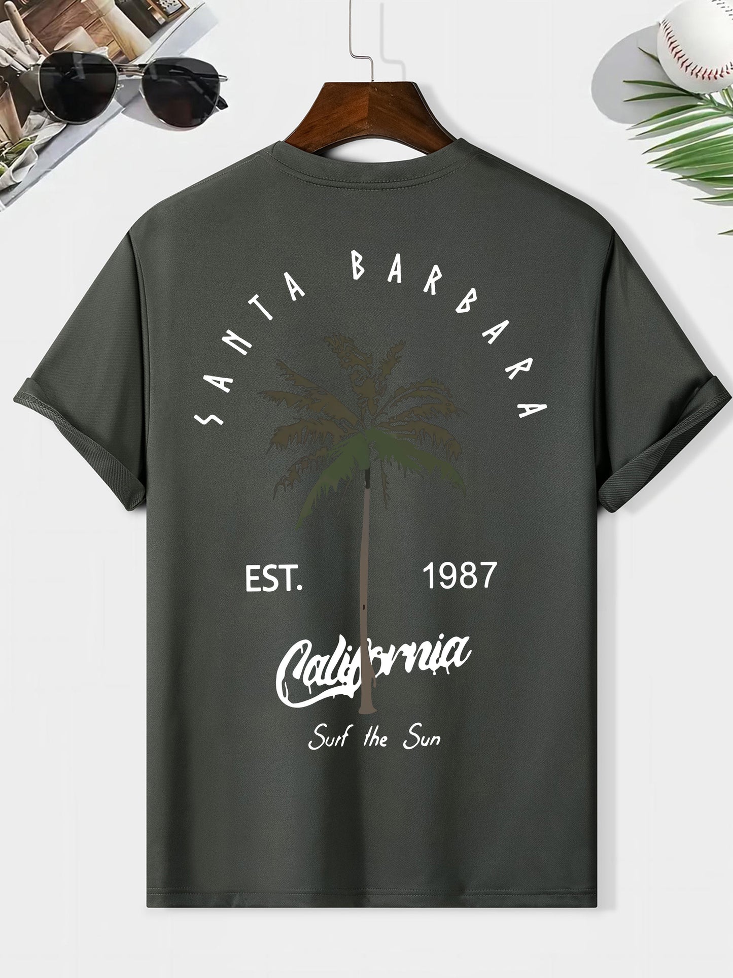 EST. 1987 And A Coconut Tree Printed Men's Fashion Trendy Casual Crew Neck Casual Sport T-shirt Beauty World Shop