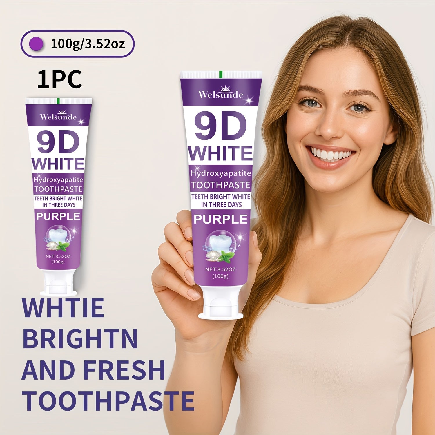9D Purple Hydroxyapatite Toothpaste for Deep Cleaning & Brighter Smile, European Formula with Minty Fresh Breath, Gentle On Gums, Travel-Size 100g/3.52oz, Deep Cleaning Of Teeth, Ideal Oral Hygiene Gift for Women & Men, Suita Beauty World Shop