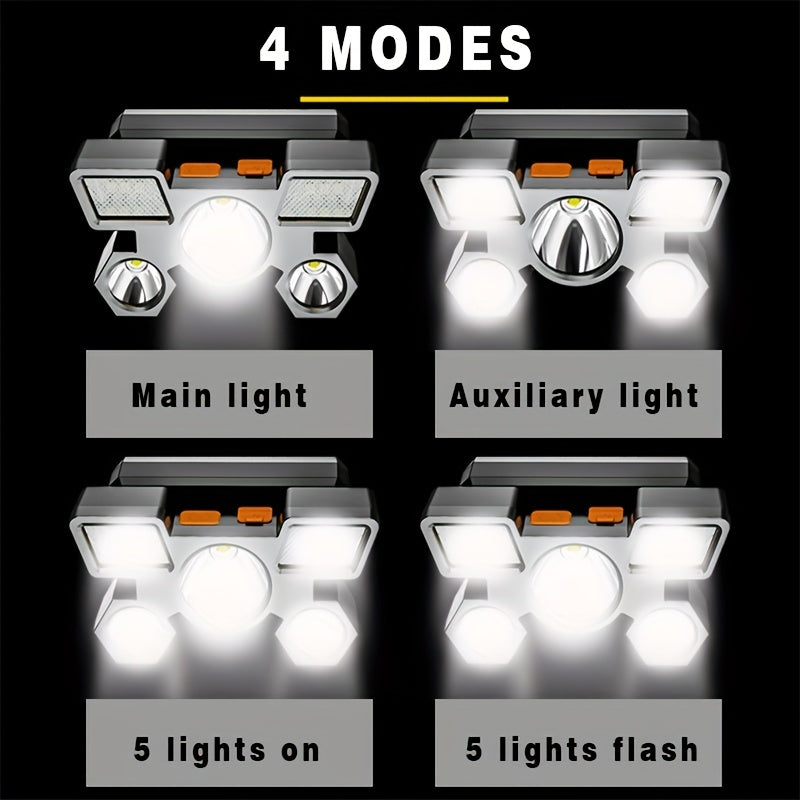Dericam USB Rechargeable 5 LED Headlamp with Built-In Battery - Portable High-Power LED Torch, 800 Lumen Brightness, 1181.1inch Range, 4 Lighting Modes (Flashlight, SOS, Strobe Beauty Fashion