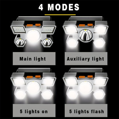 Dericam USB Rechargeable 5 LED Headlamp with Built-In Battery - Portable High-Power LED Torch, 800 Lumen Brightness, 1181.1inch Range, 4 Lighting Modes (Flashlight, SOS, Strobe Beauty Fashion