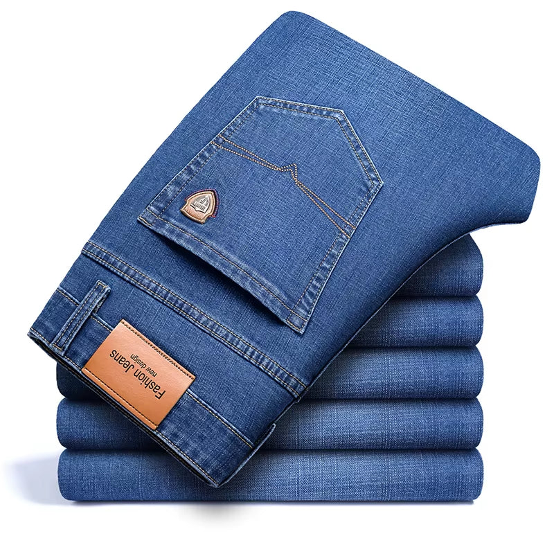2024 Autumn Spring Fitted Straight Stretch Denim Jeans Classic Style Badge Youth Men'S Business Casual Jeans Trousers