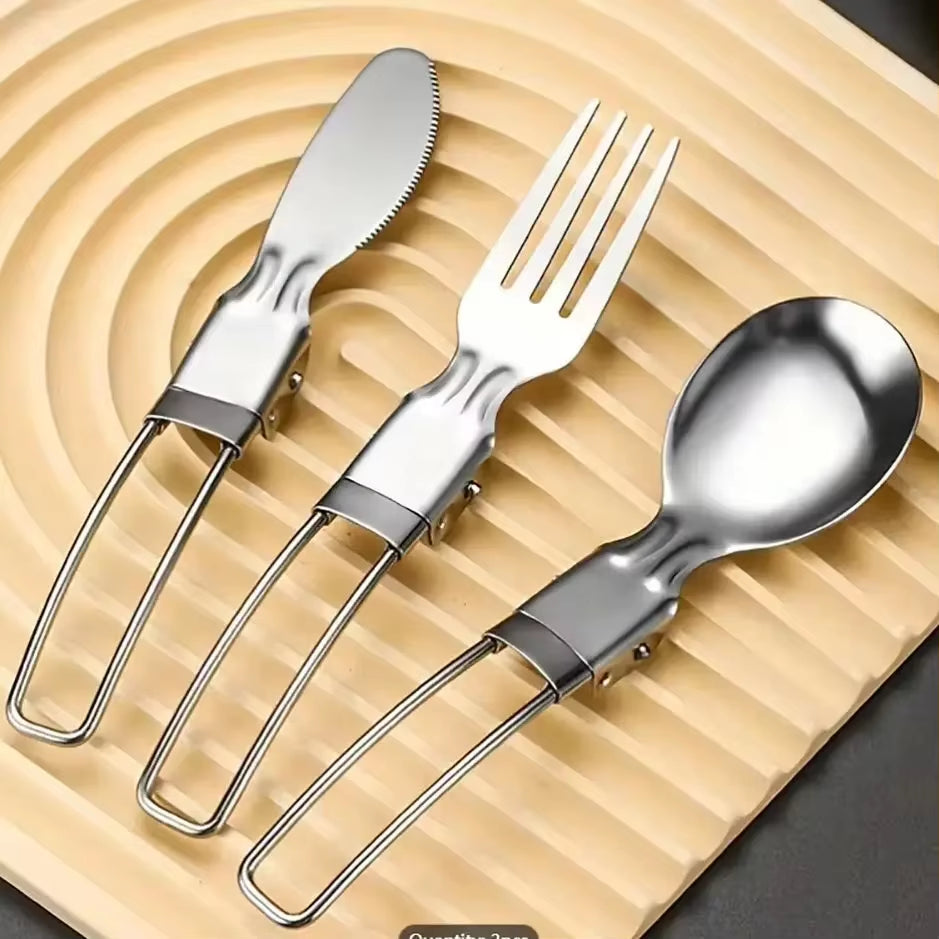 3Pcs/1Set Portable Outdoor Camping Travel Picnic Foldable Stainless Steel Cutlery Set Spoon Fork Knife Tableware Outdoor Travel
