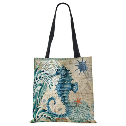 Tote Bag Seahorse Turtle Octopus Print Traveling Shoulder Bags Eco Linen Shopping Bags for Women with Print