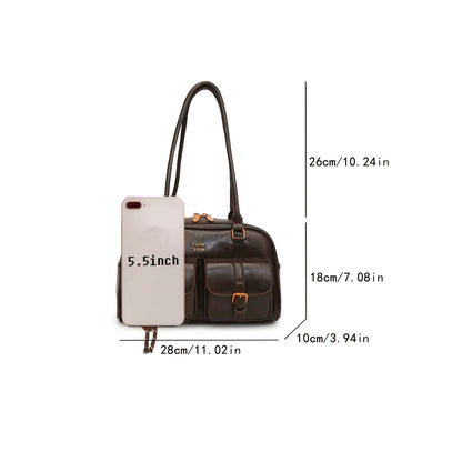 Women'S Coffee Brown Multi-Pocket Handbag Shoulder Bag, Stylish Versatile Letter Crossbody Purse for Travel Work Shopping Dates