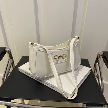 Stylish Shoulder Bag with Metal Bow Decoration, Versatile Underarm Bag, Classic Brown and Black Baguette Bag for Women Daily Use