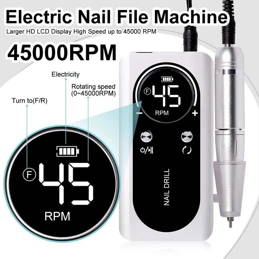 45000RPM Nail Drill Machine Electric Portable Nail File Rechargeable Nail Sander for Gel Nails Polishing for Home Manicure Salon