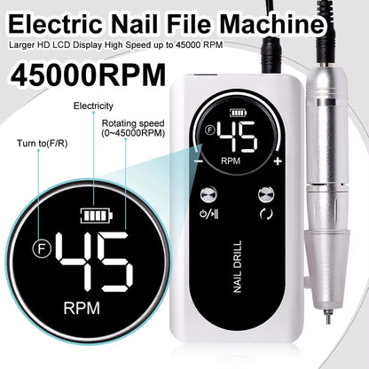 45000RPM Nail Drill Machine Electric Portable Nail File Rechargeable Nail Sander for Gel Nails Polishing for Home Manicure Salon