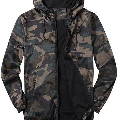 Men's Camouflage Sport Jacket Coat - Breathable Hooded Zip-Up Design, Regular Fit Casual Outdoor & Daily Wear, Earthy Green/Brown/Black/Gray Tones, Camouflage Jacket, Durable Construction