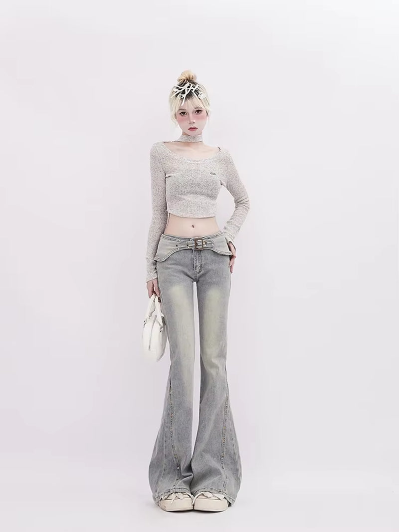 Korean Light Blue Flare Jeans Women Y2K Low Rise Vintage Denim Trousers Fashion Skinny Classic Aesthetic Harajuku Pants