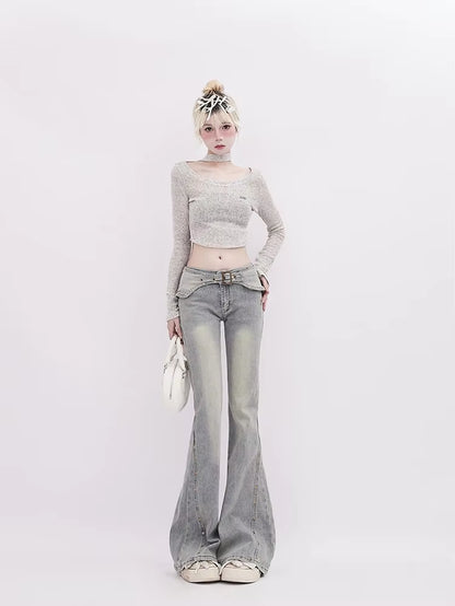 Korean Light Blue Flare Jeans Women Y2K Low Rise Vintage Denim Trousers Fashion Skinny Classic Aesthetic Harajuku Pants