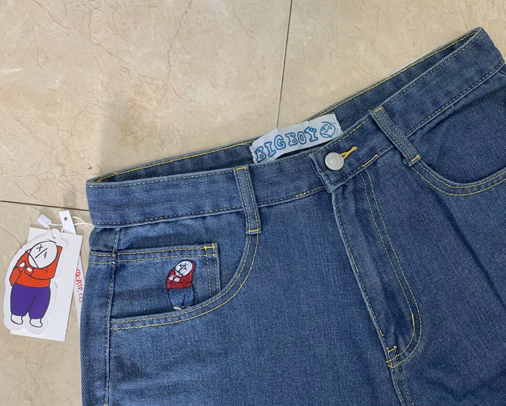 Embroidery Jeans Y2K Pants Streetwear Gothic Cartoon Blue Baggy Jeans Retro Punk Rock High Waist Denim Trousers