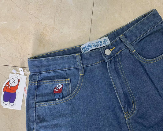 Embroidery Jeans Y2K Pants Streetwear Gothic Cartoon Blue Baggy Jeans Retro Punk Rock High Waist Denim Trousers
