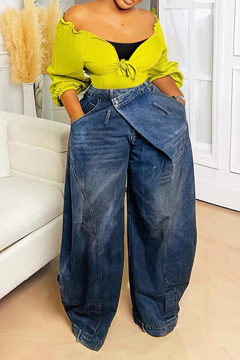 Women Loose Denim Jeans Pants Asymmetric Button Pocket Washed Casual Harajuku High Street Grunge Denim Trouders Jeans for Women