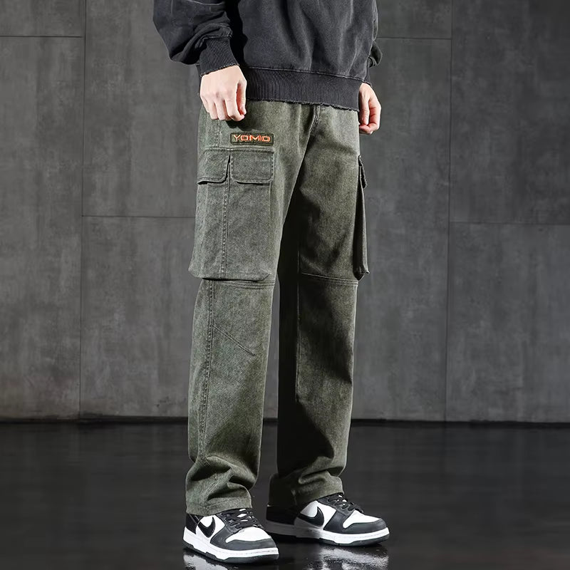 New Men'S Loose Cargo Jeans Outdoor Paratrooper Straight Pants Fashionable Stretch Loose Wide Leg Pants Large Size 4XL 5XL